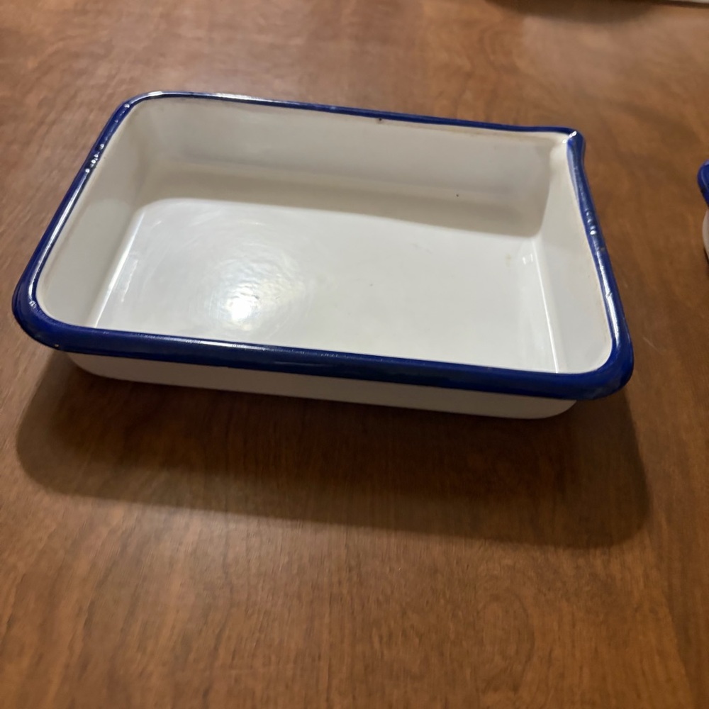 2 White Enamel Baking Dishes with Blue Rim